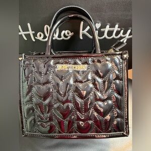 Betsey Johnson Black Quilted Patent Heart Satchel with Gold Logo